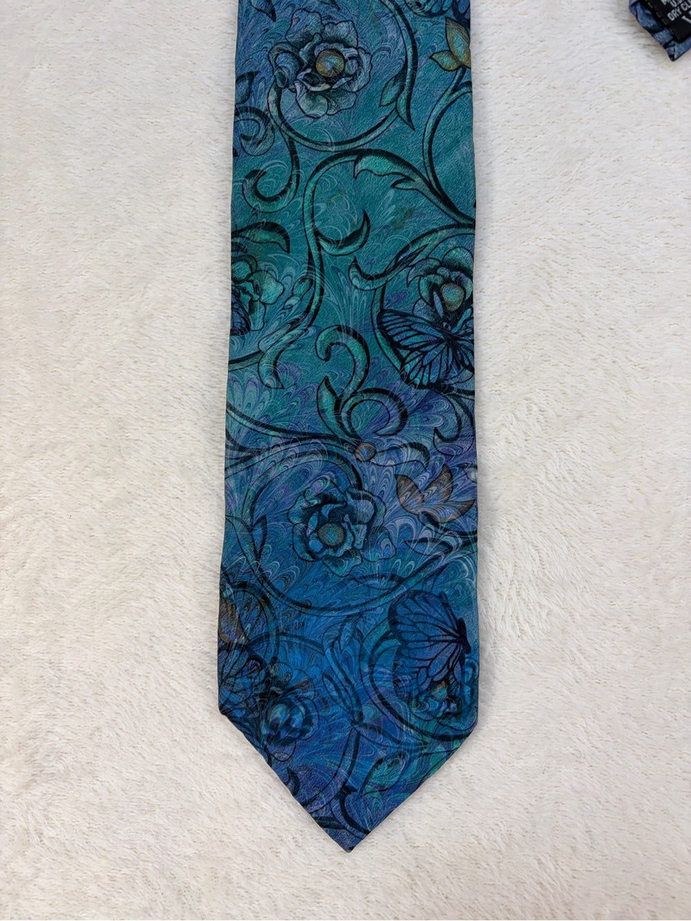 Michael Kensinger Hand Marbled One of a Kind Blue Floral & Butterfly Men's Tie